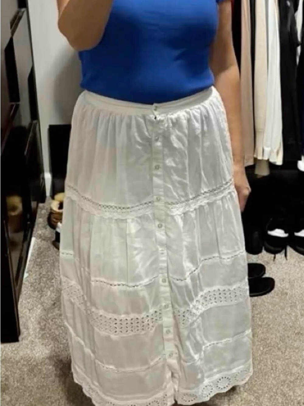 GAP White Button-Front Eyelet Tiered Midi Skirt